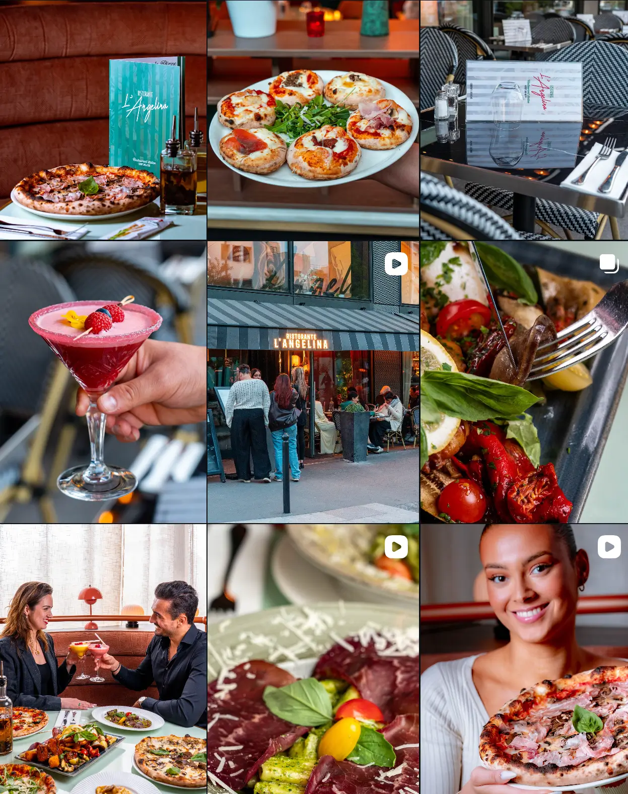 Instagram-Feed eines Restaurants mit konsistentem Bildlook über Foodfotos, Reels und Stories.